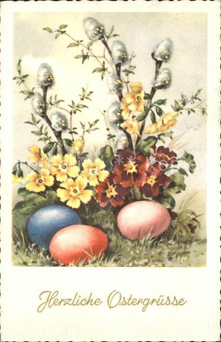 Ostern Easter Paques Schlüsselblumen Weidenkätzchen Ostereie