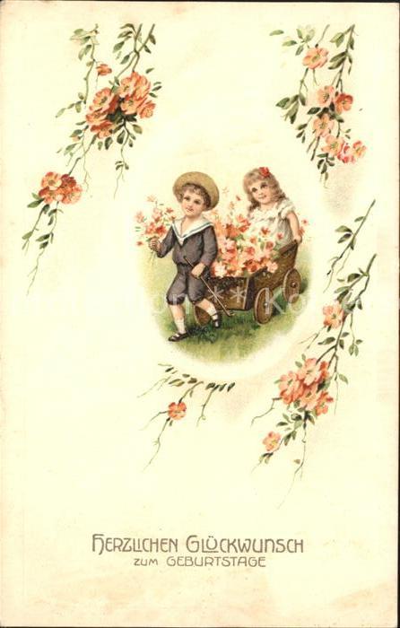 Kinder Child Enfants Geburtstag Blumen Holzwagen Litho