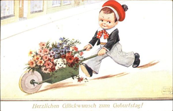 Kinder Child Enfants Geburtstag Schubkarre Blumen Hund Künst