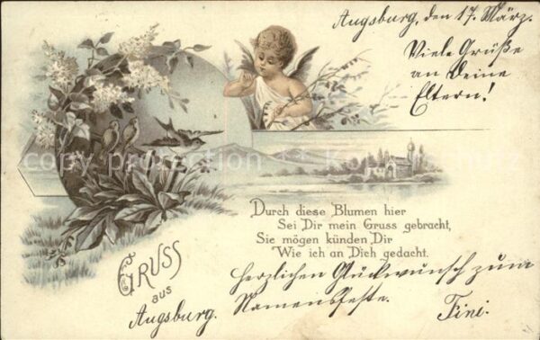 Engel Vögel Blumen Gedicht Litho