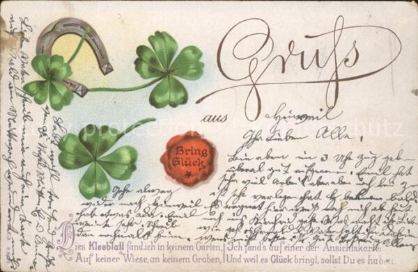 Kleeblatt Cloverleaf Trebol Trefle Hufeisen Siegel Glück Gedicht Litho