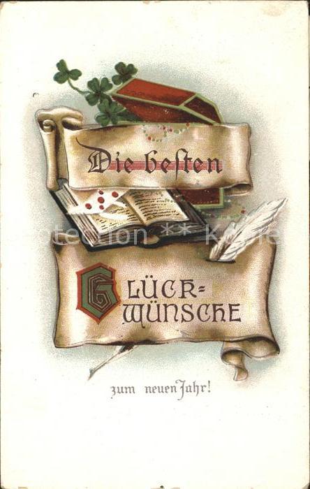 Neujahr Feder Buch Kleeblatt Litho