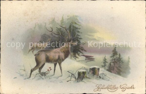 Hirsch Neujahr Litho