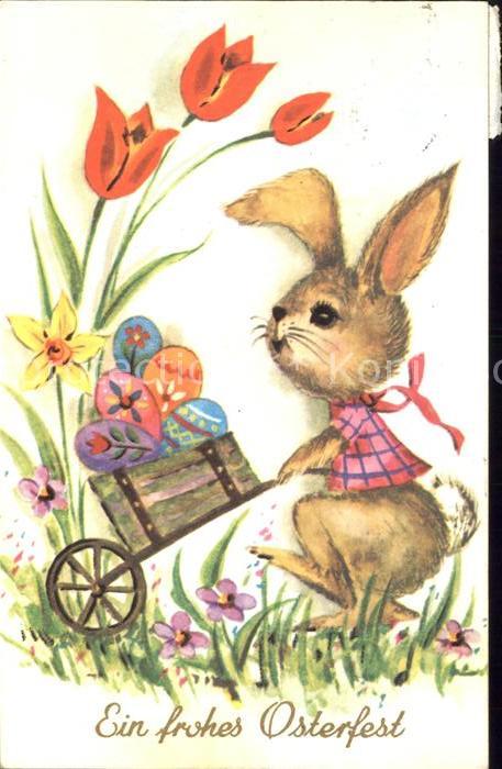 Vermenschlicht Hase Ostereier Schubkarre Tulpen Ostern