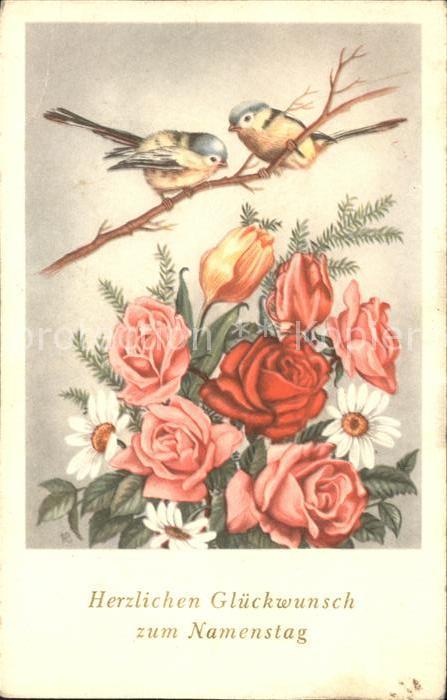 Namenstag Namenskarte Rosen Margeriten Vögel