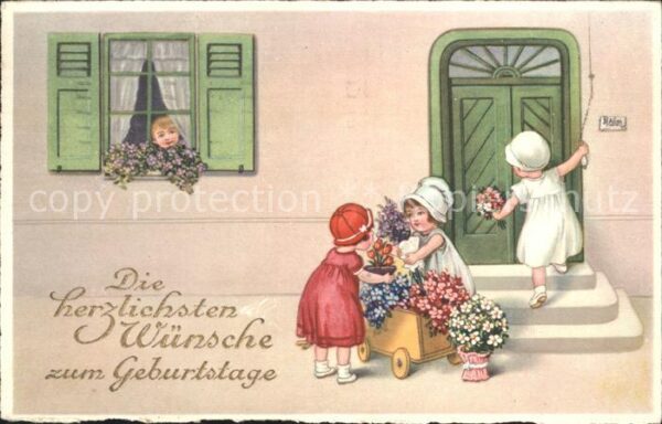 Kinder Child Enfants Geburtstag Blumen Holzkarre