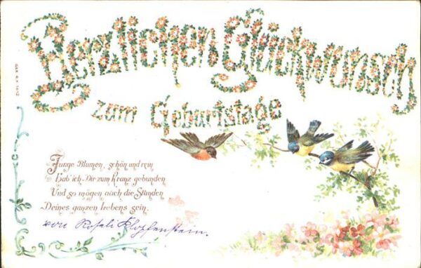 Geburtstag Vögel Gedicht Blumen Litho