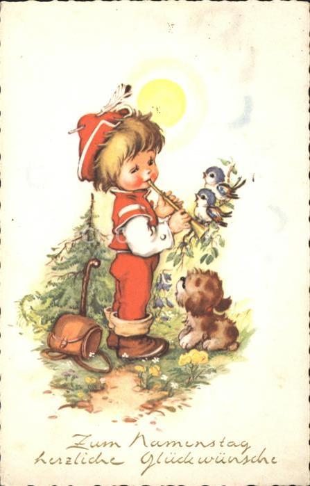 Namenstag Namenskarte Kind Klarinette Hund Vögel