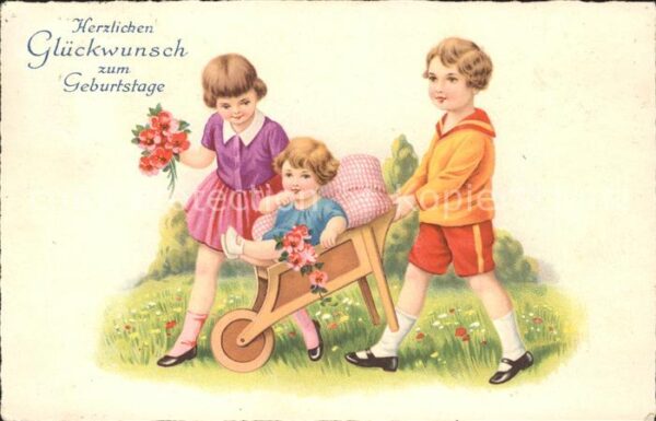Kinder Child Enfants Geburtstag Blumen Schubkarre
