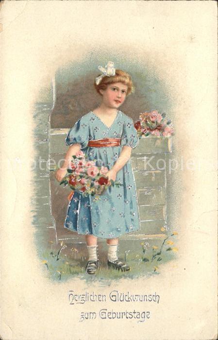 Kinder Child Enfants Geburtstag Mädchen Blumen Litho