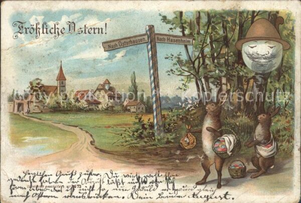 Vermenschlicht Hasen Ostern Ostereier Wegweiser Litho