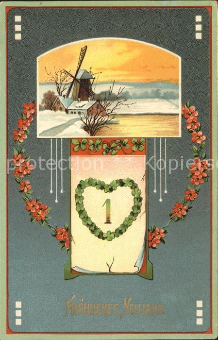 Datumskarte 1. Januar Neujahr Blumen Windmühle Herz