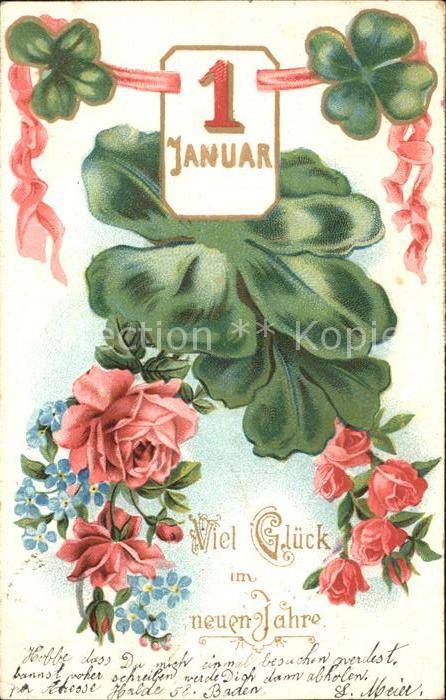 Datumskarte 1. Januar Kleeblätter Rosen Vergissmein