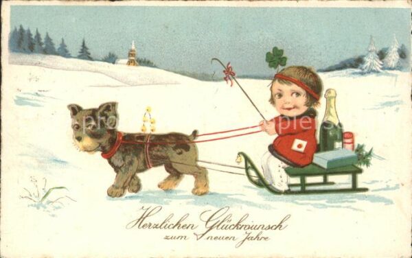 Hunde Schlitten Kind Sekt Kleeblatt Neujahr