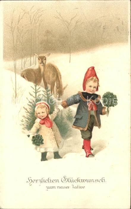Kinder Child Enfants Rehe Kleeblätter Neujahr Litho