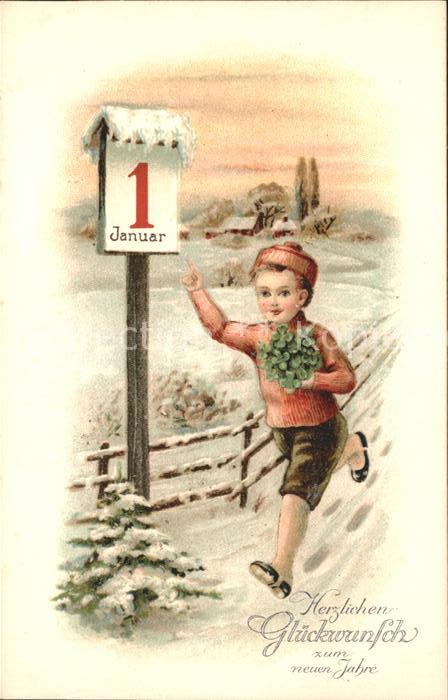 Datumskarte 1. Januar Neujahr Kind Kleeblätter Lith