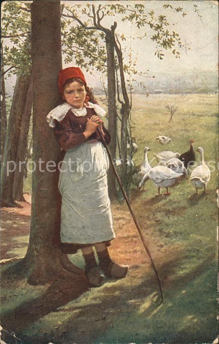 Kuenstlerkarte Brozik Gänseliesl Mädchen Bauerin Gänse