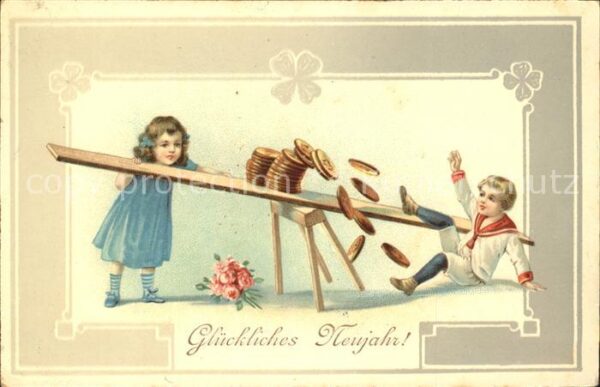 Kinder Child Enfants Wippe Münzen Neujahr Rosen Litho