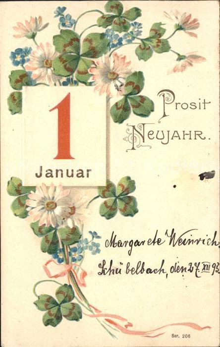Datumskarte 1. Januar Neujahr Kleeblätter Blumen Li