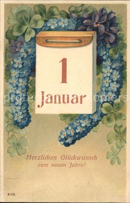 Datumskarte 1. Januar Neujahr Hufeisen Vergissmeinn