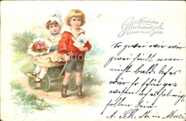 Kinder Child Enfants Rosen Holzwagen Brief Neujahr
