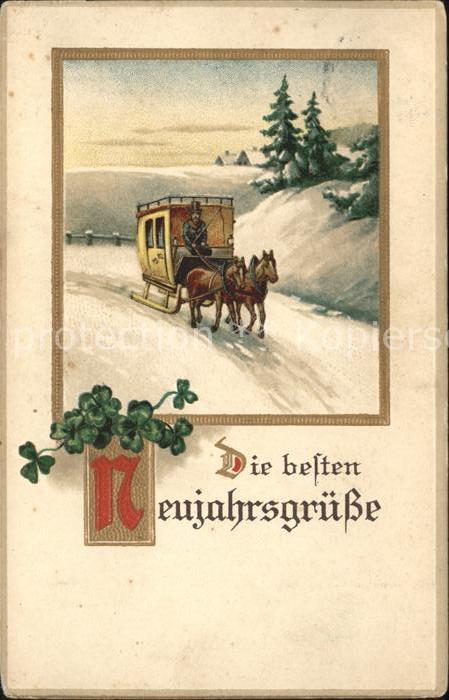 Neujahr Pferdeschlitten Kleeblätter Pferde