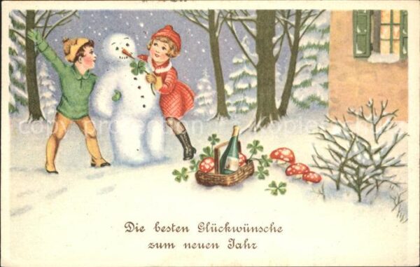 Schneemann Kinder Neujahr Pilze Sekt Kleeblätter