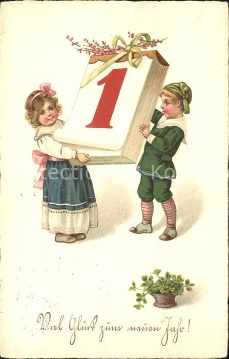 Datumskarte 1. Januar Neujahr Kinder Kleeblätter