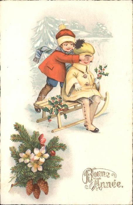 Schlitten Schnee Kinder Wintermode Christrose Tannenzapf