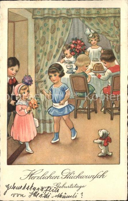 Kinder Child Enfants Feier Geburtstag Hund Blumen Kuchen
