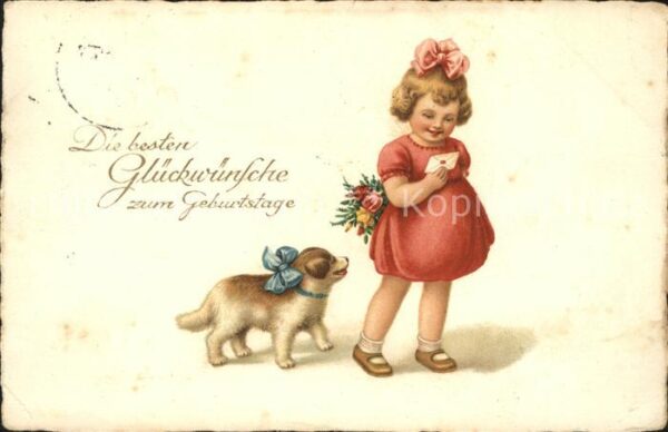 Hunde Kind Mädchen Rosen Glückwunsch Geburtst
