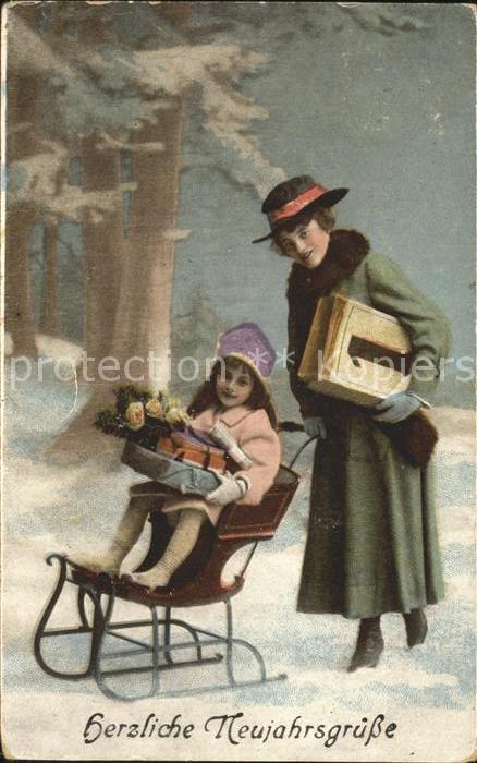Schlitten Schnee Kind Mutter Datum Neujahr