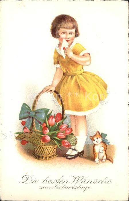 Katzen Kind Mädchen Tulpen Korb Geburtstag