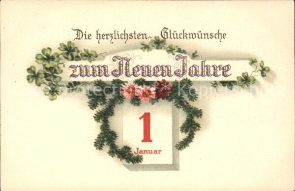 Datumskarte 1. Januar Neujahr Kleeblätter