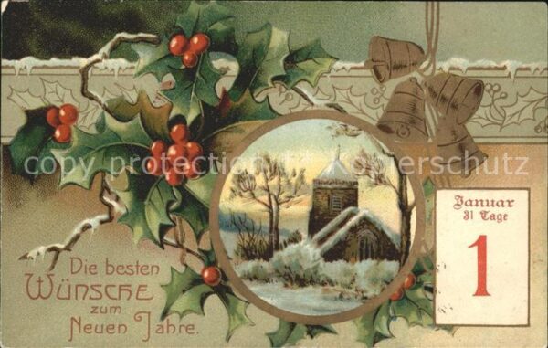 Datumskarte 1. Januar Neujahr Stechpalme Kirchenglo