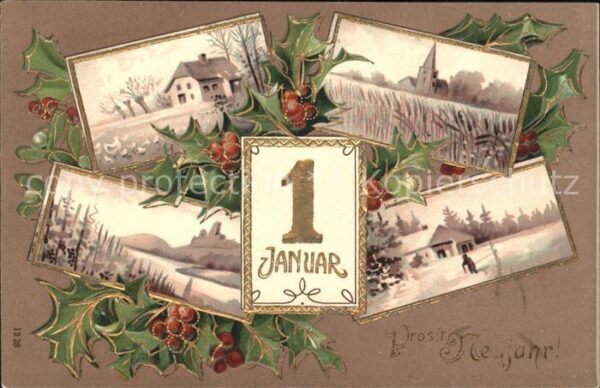 Datumskarte 1. Januar Neujahr Stechpalme
