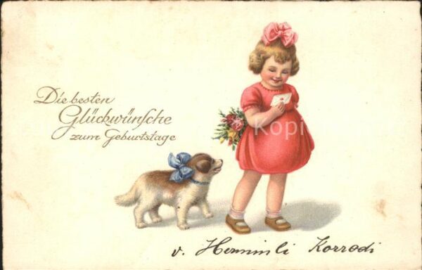 Hunde Kind Mädchen Blumen Brief Glückwunsch G