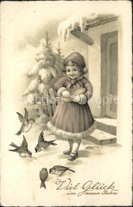 Kinder Child Enfants Mädchen Vögel Fütterung Neujahr