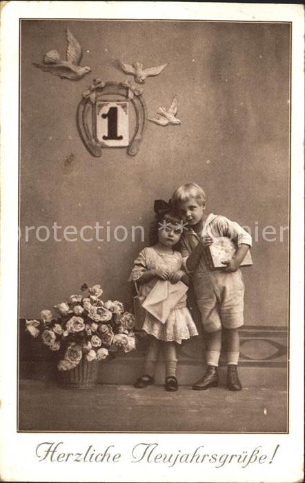 Kinder Child Enfants Neujahr Tauben Blumen Briefumschlag