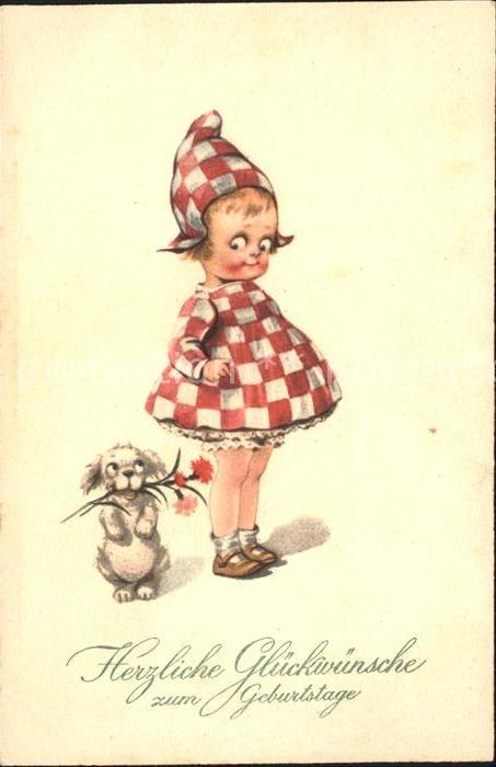 Kinder Child Enfants Mädchen Hund Blumen Glückwunsch Geburts