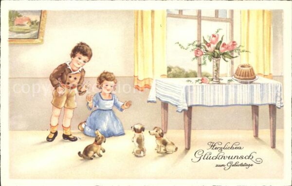 Hunde Kinder Glückwunsch Geburtstag Tulpen Ku