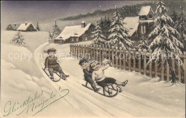 Schlitten Schnee Kinder Glückwunsch Neujahr