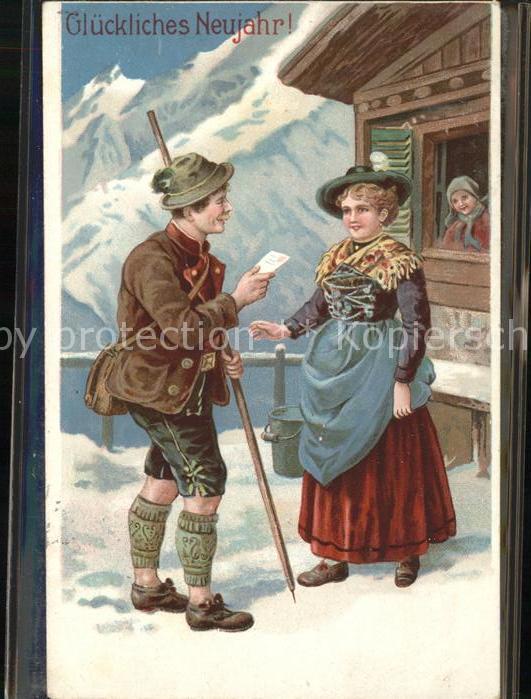 Brieftraeger Postbote Postman Facteur Ca Neujahr Tracht Litho
