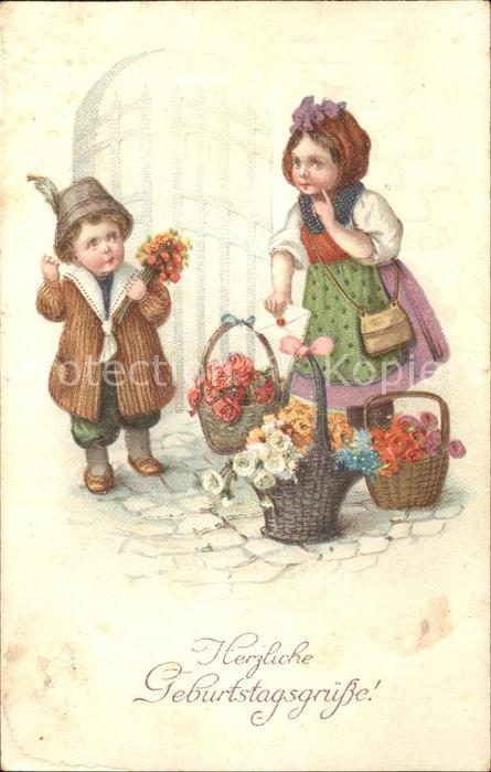 Kinder Child Enfants Blumen Körbe Glückwunsch Geburtstag