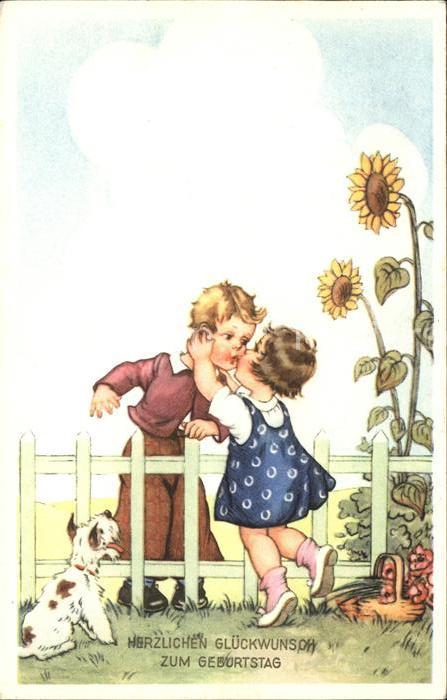 Kinder Child Enfants Hund Sonnenblumen Kuss Geburtstag