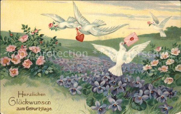 Brieftaube Carrier Pigeon voyageur Tauben Herz Blumen Glückwunsch Geburtst