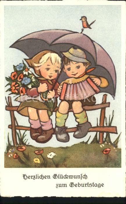 Kinder Child Enfants Handharmonika Regenschirm Vogel Blumen
