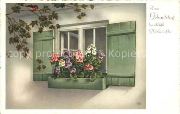 Geburtstag Glückwunsch Fenster Blumen Vogel