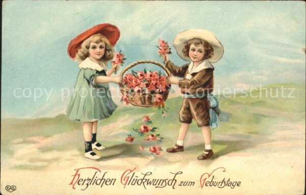 Kinder Child Enfants Korb Rosen Hutmode Glückwunsch Geburtst