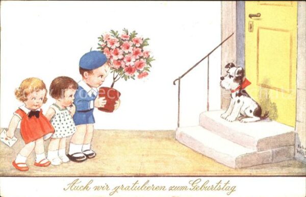 Kinder Child Enfants Hund Geburtstag Blumen